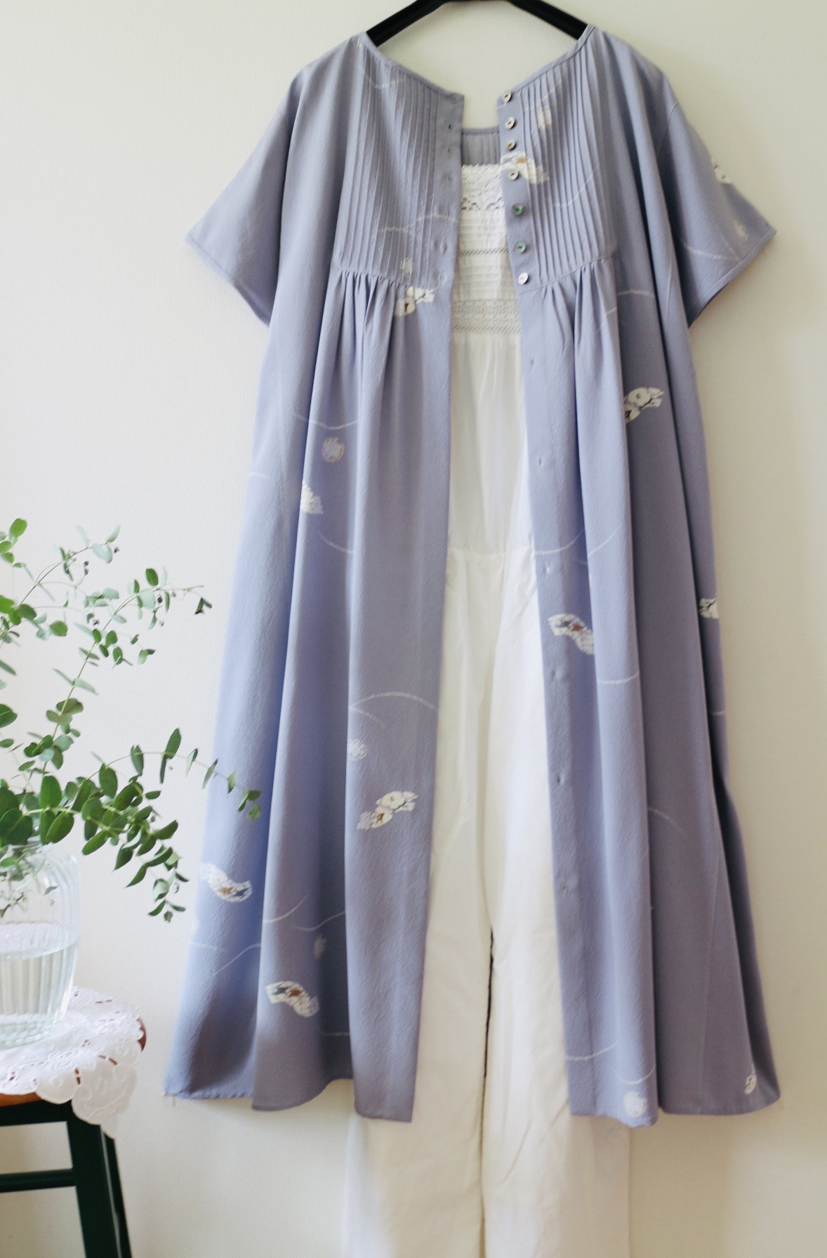 夏★ 小紋反物　正絹100%  ピンタックワンピース 羽織り★一枚限定