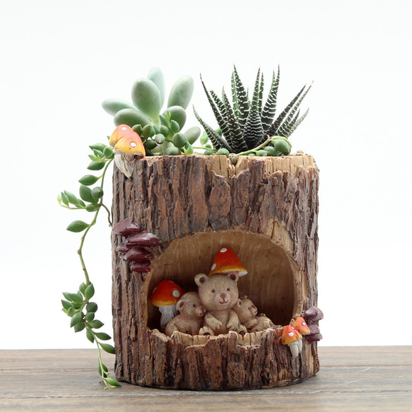 植木鉢 小型 木の幹 かわいいキャラクター動物 卓上用 多肉植物用フラワーポット ペンホルダー 花器 収納 装飾品 1枚目の画像