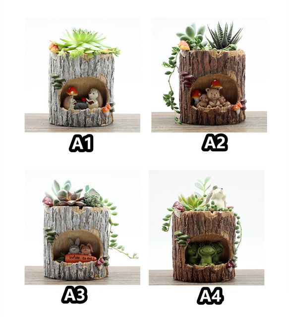 植木鉢 小型 木の幹 かわいいキャラクター動物 卓上用 多肉植物用フラワーポット ペンホルダー 花器 収納 装飾品 2枚目の画像