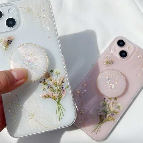 ロココな花束ブーケ ソケット付き 押し花スマホケース