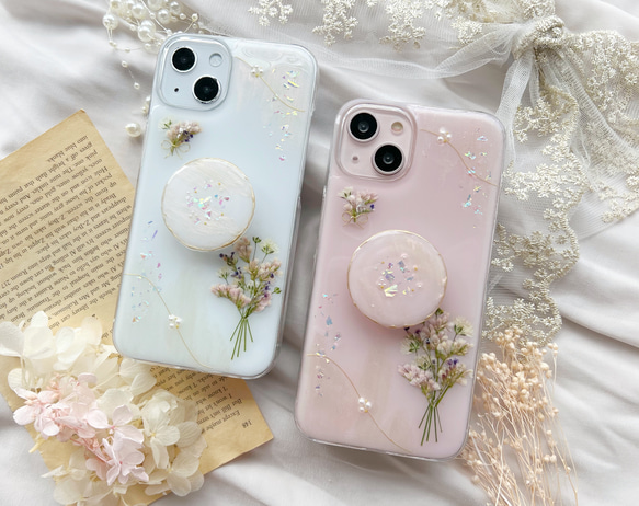 ロココな花束ブーケ ソケット付き 押し花スマホケース 【ハイブリッド