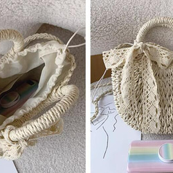 【受注制作】かごバッグ ショルダー 手作りバッグ ビーチハンドバッグ サマー 旅行 編みバッグ 7枚目の画像