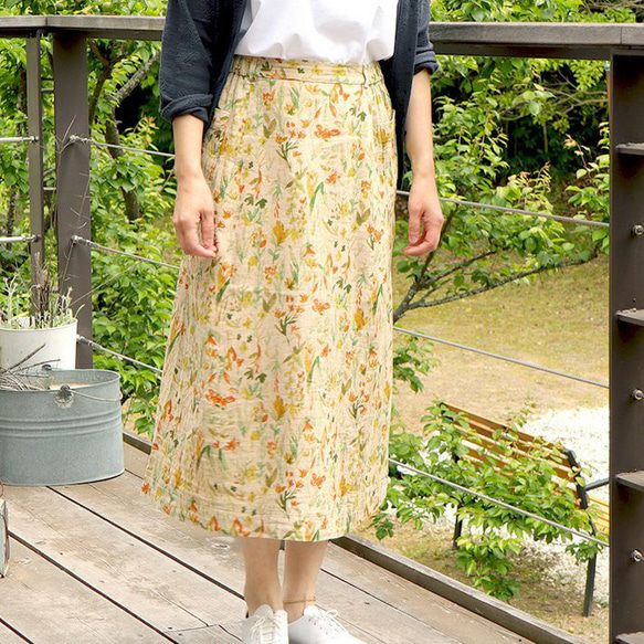 コットンリネン　花柄　ダブルガーゼ　スカート 1枚目の画像