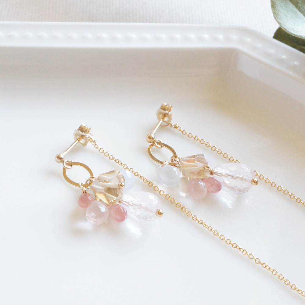 14KGF　ローズクォーツ縦穴ドロップカット×ピンクホワイトストーン　バックキャッチピアス　-Penelope-