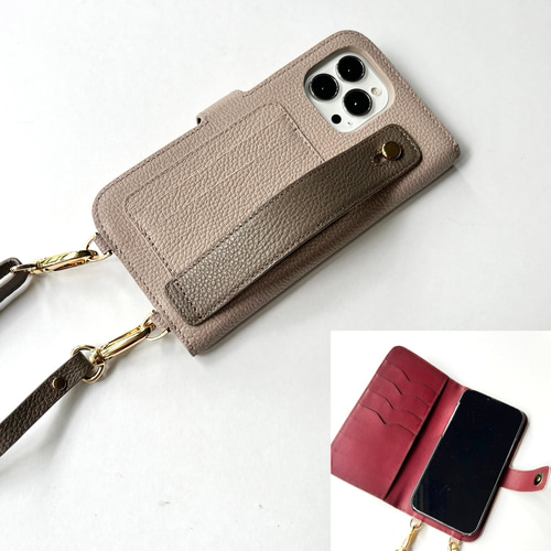 手帳型スマホケース バイカラー 本革 名入れ可 カード収納 ハンド