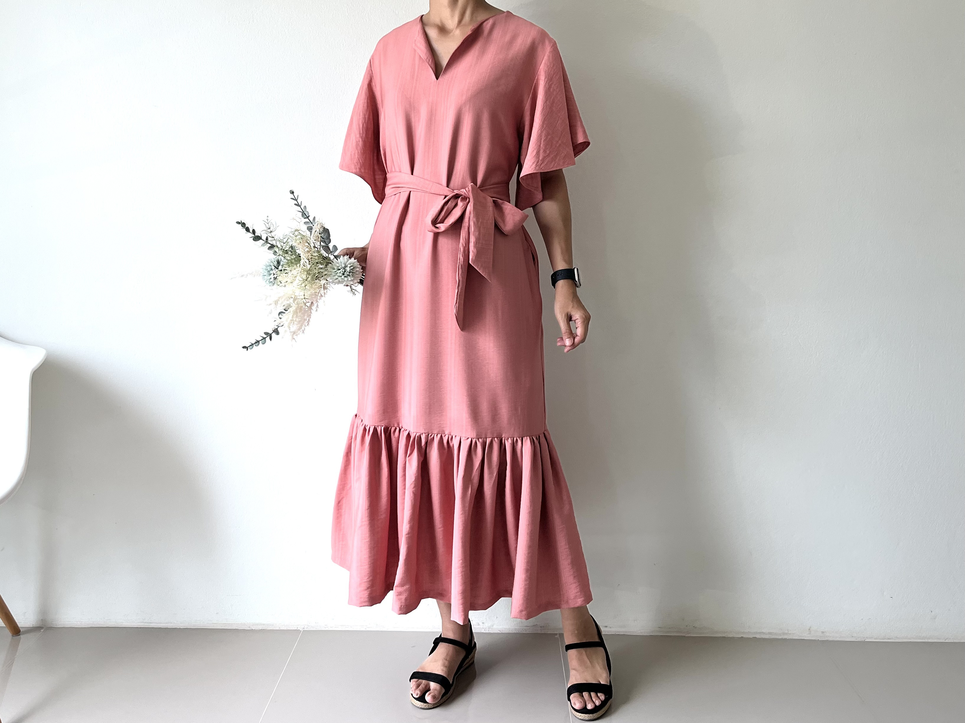 ヌキテパ エスニックプリント フレアスリーブドレス ワンピース ピンク