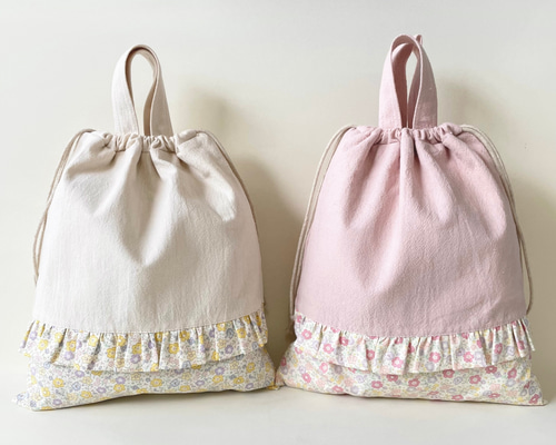体操着入れ・お着替え入れ　ピンク　など 巾着バッグとコップ袋のセット ピンク×ミントグリーン紐 手縫い