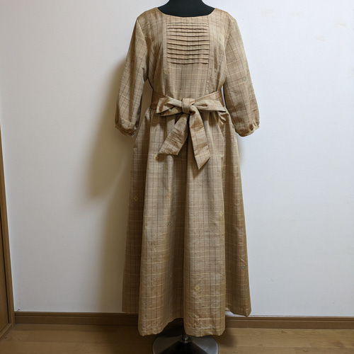 SOLD 着物リメイク ワンピース 紬 M〜L ワンピース さらあお