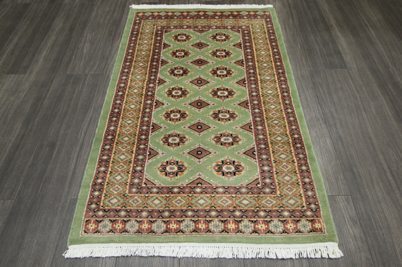 新品　SALE　モスグリーン　高級ラグ　パキスタン手織り絨毯　玄関マット　アクセントラグ　80x128cm　＃198 1枚目の画像