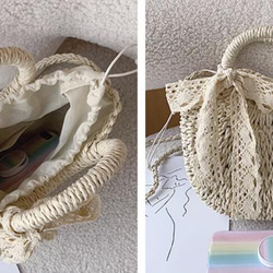 【受注制作】かごバッグ ハンド 巾着 手作りバッグ ビーチハンドバッグ サマー 旅行 編みバッグ 9枚目の画像