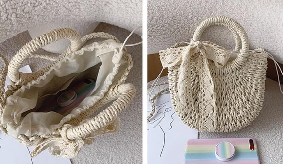 【受注制作】かごバッグ ハンド 巾着 手作りバッグ ビーチハンドバッグ サマー 旅行 編みバッグ 9枚目の画像