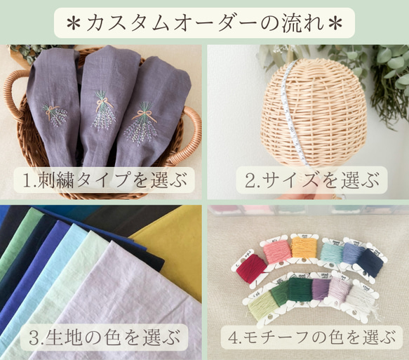 【カスタムオーダー】癒しの香り＊ラベンダーとかすみ草のスワッグ刺繍ヘアターバン(ヘアバンド)/ハーフリネン 4枚目の画像