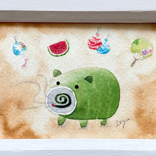 透明水彩画 ミニ額「ぶたの蚊取り線香」プチギフト イラスト 夏 