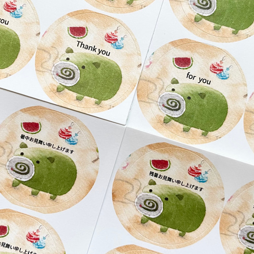 透明水彩画「ぶたの蚊取り線香」イラスト 丸シール48枚 ブタ 豚 暑中