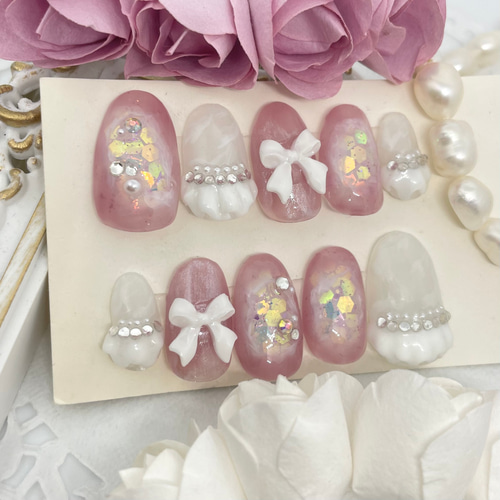 ネイルチップ サイズオーダー 韓国 ポップ ぷっくり お花 くすみ