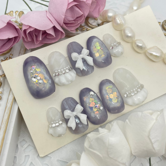 サイズオーダー♡ニュアンスホログラム×フリルネイルチップ パープル  