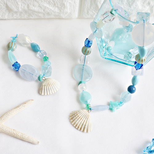 貝殻のネックレス＆ブレスレットキット☆マリンカラー☆夏休み工作