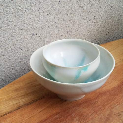 ☆お茶碗と湯呑みセット☆美濃磁器 【海の椀・白波】かき氷ボウルと