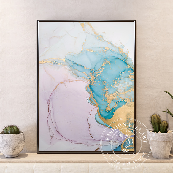 アートポスター マーブルアート ターコイズブルーとゴールドの抽象