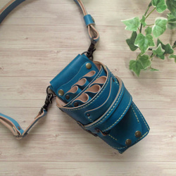 手縫い ヌメ革 シザーケース (手染めブルー) 6丁差し 革ベルト付き SCL