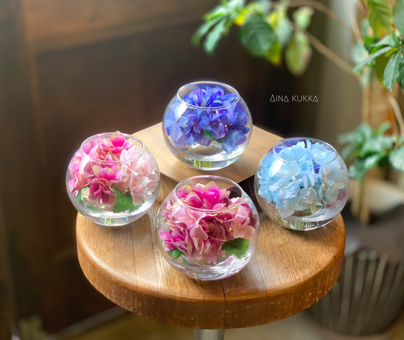 [紫陽花のガラスボールアレンジ]Mサイズ/カラー4種/アーティフィシャルフラワー 2枚目の画像