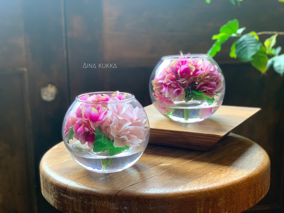 [紫陽花のガラスボールアレンジ]Mサイズ/カラー4種/アーティフィシャルフラワー 5枚目の画像