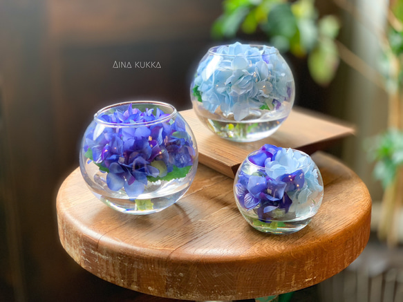 [紫陽花のガラスボールアレンジ]Mサイズ/カラー4種/アーティフィシャルフラワー 4枚目の画像
