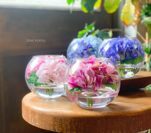 [紫陽花のガラスボールアレンジ]Mサイズ/カラー4種/アーティフィシャルフラワー 3枚目の画像