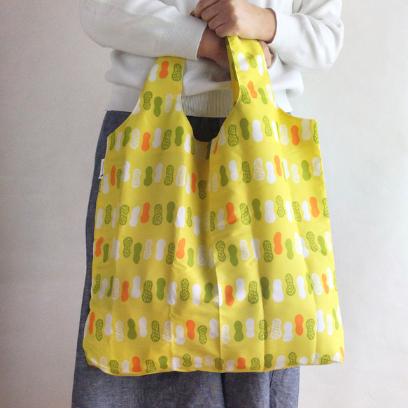 撥水買い物バッグ エコバッグ ピーナッツ黄色　オリジナルテキスタイル 1枚目の画像