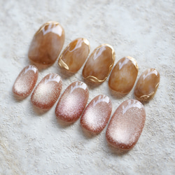 現品販売】オレンジ×ブラウンのもやもやニュアンス×マグネットネイル