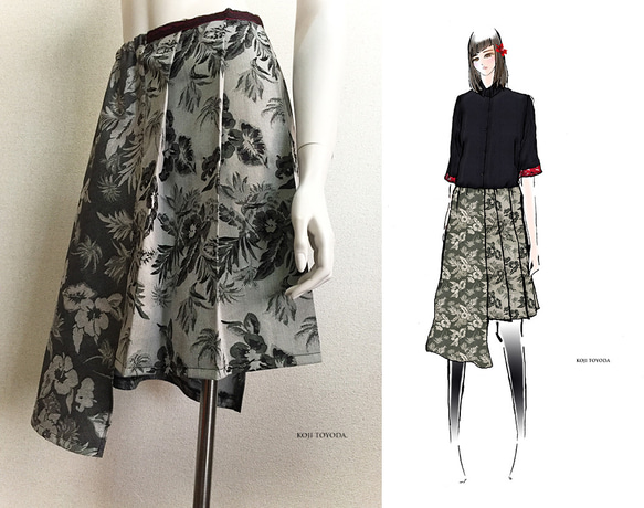 【1点もの・デザイン画付き】アシメトリー綿ジャガード生地プリーツスカート（KOJI TOYODA） 1枚目の画像