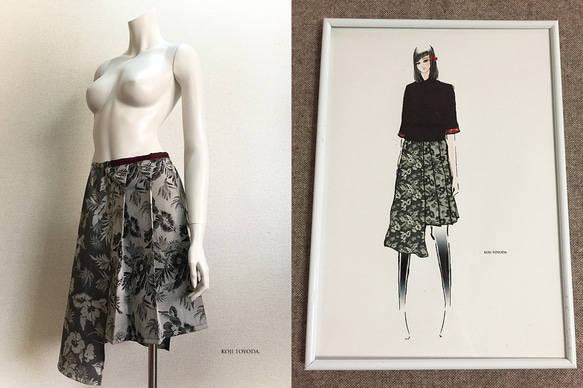 【1点もの・デザイン画付き】アシメトリー綿ジャガード生地プリーツスカート（KOJI TOYODA） 2枚目の画像