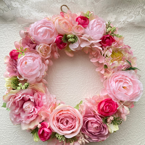 SALE アーティシャルフラワー バラ芍薬ピンク系リース 玄関にも飾れる  