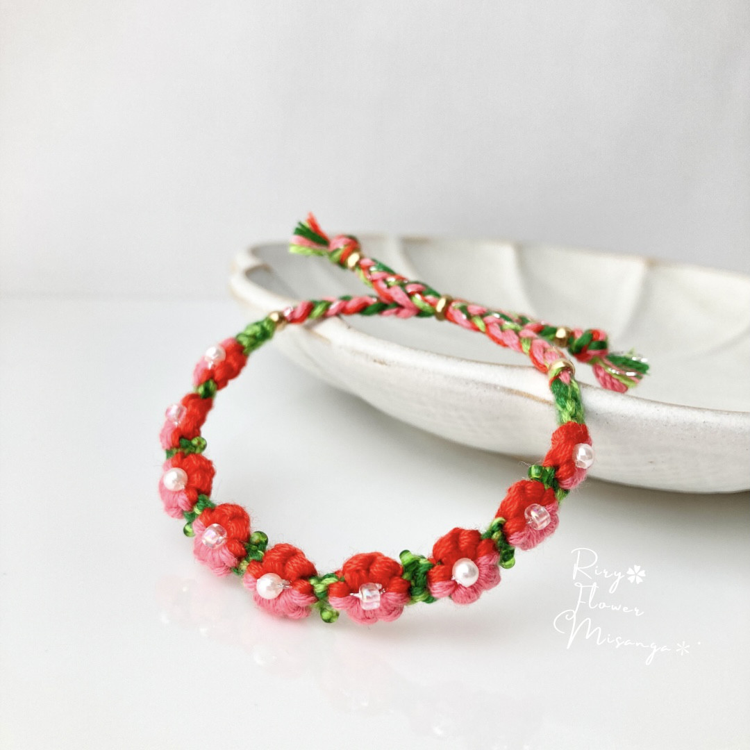 ピンク×レッドのお花＊フラワーミサンガ＊ツーカラー＊指輪