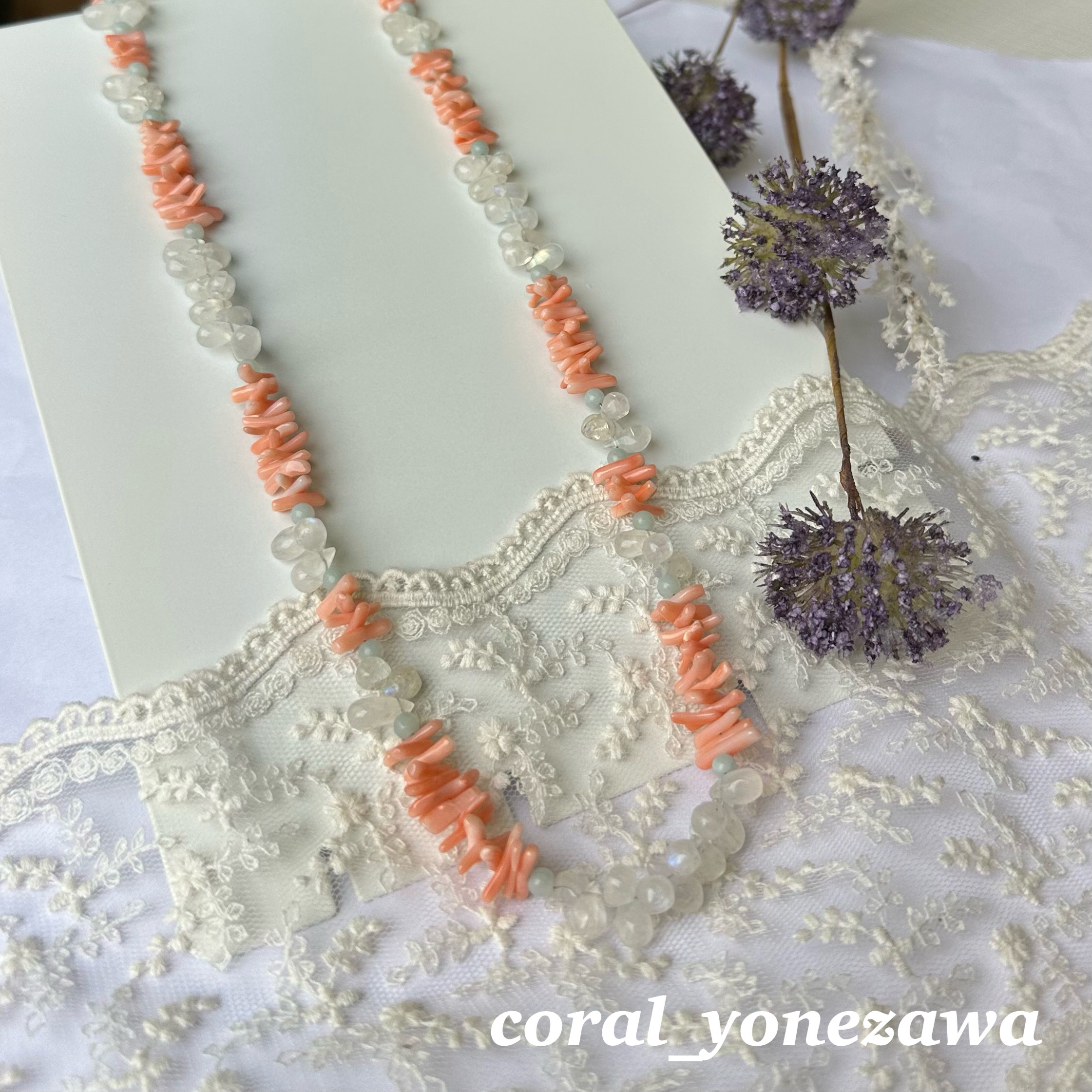 珊瑚と天然石のネックレス　ピンク枝珊瑚・ムーンストーン・アマゾナイト・SVクラスプ　オリジナル　R50701H2