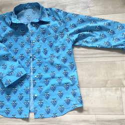インド綿　オーバーシャツ　ブルー　ブロックプリント　ブラウス　ゆったりサイズ　夏 9枚目の画像