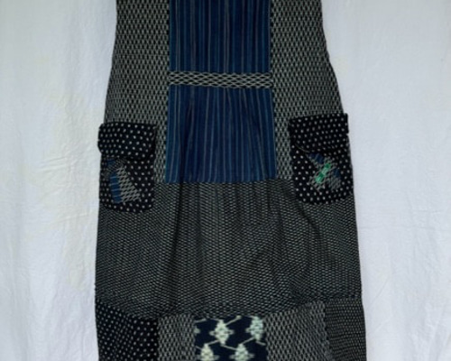 古布リメイク　フレンチスリーブチュニックワンピース　茶絣はこれでおしまい 古布リメイク フレンチスリーブチュニックワンピース 茶絣はこれ