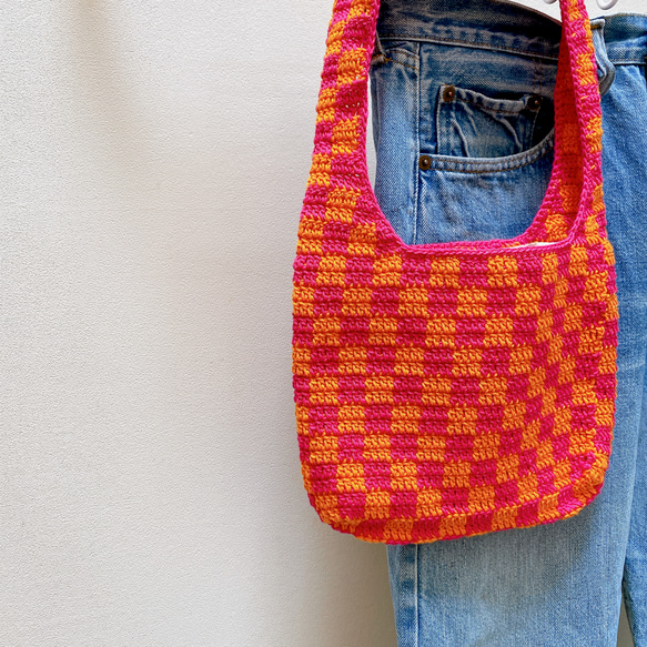 ”blockcheck” crochet bag（orange✖️pink） 3枚目の画像