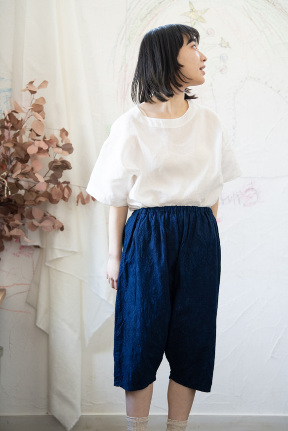 藍染Organic Cotton ゆったり７分丈パンツ【葉模様生地】 6枚目の画像