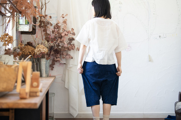 藍染Organic Cotton ゆったり７分丈パンツ【葉模様生地】 3枚目の画像