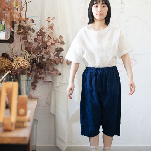 藍染Organic Cotton ゆったり7分丈パンツ【葉模様生地】 ハーフ