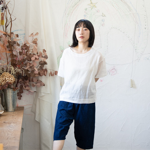 藍染Organic Cotton ゆったり7分丈パンツ【葉模様生地】 ハーフ