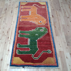 トライバル絨毯フェア】ペルシャ絨毯　シラーズ　ライオン　オレンジ　緑　リビング　160x73cm　　RJ156 6枚目の画像