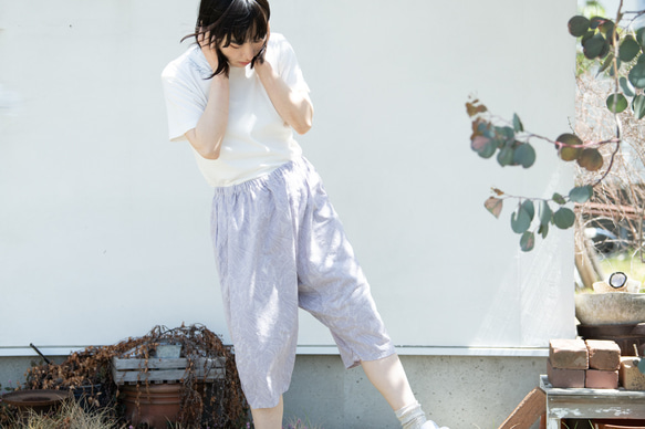 Organic Cotton ゆったり７分丈パンツ　ラベンダー染め【葉模様生地】 7枚目の画像