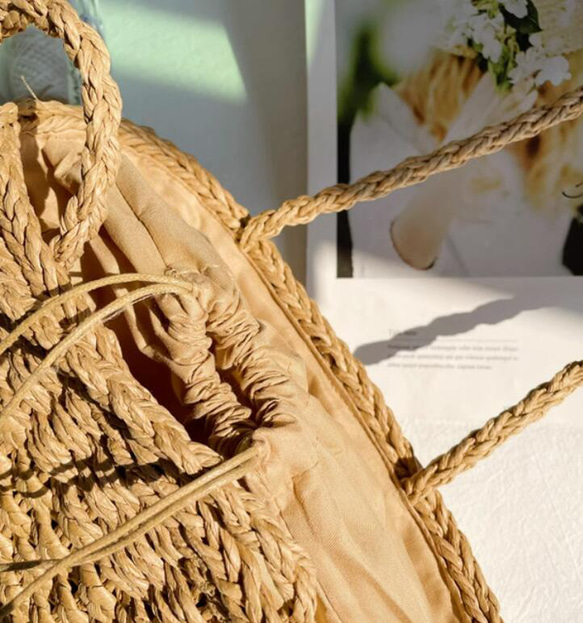 【受注制作】かごバッグ ショルダー 巾着 ハンド手作りバッグ ビーチバッグ サマー 旅行 編みバッグ 4枚目の画像
