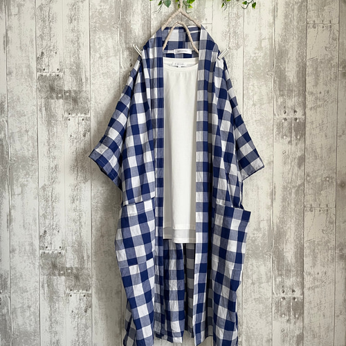 夏ブルーチェックcottonドルマンゆったり5分袖ローブロング  