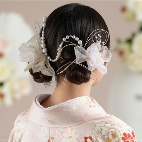 デザインパールとオーガンジーリボン 髪飾り 成人式 髪飾り ボブ 卒業