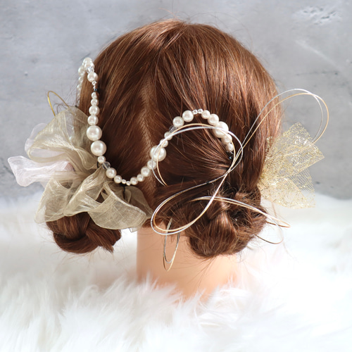 デザインパールとオーガンジーリボン 髪飾り 成人式 髪飾り ボブ 卒業