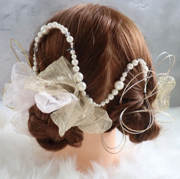 卒業式髪飾り♡オーガンジーリボン♡サテンリボン♡パールガーランドピンset デザインパールとオーガンジーリボン 髪飾り 成人式 髪飾り ボブ 卒業