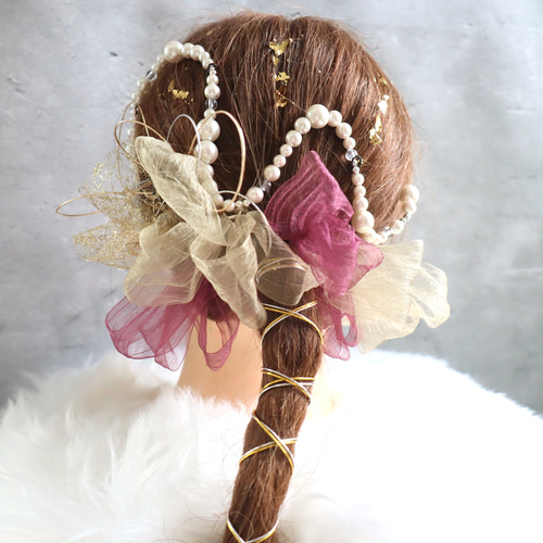 デザインパールとオーガンジーリボン 髪飾り 成人式 髪飾り ボブ 卒業